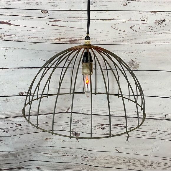 Vintage Industrial Metal Basket Pendant Light 17" - Picture 3 of 9